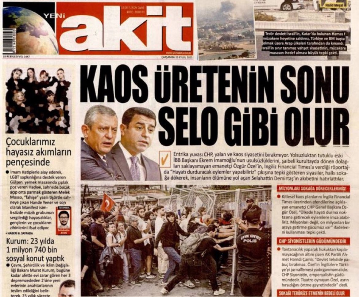 Dün akşam yandaş TGRT'de Özgür Özel'in dokunulmazlığı kaldırılacak diyorlar. Bugün Akit bu manşeti atıyor. 

AKP-MHP, ülkenin kurucusu partisinin ve son seçimin birinci partisinin Genel Başkanı Özgür Özel'i cezaevine atmakla tehdit ediyor, sopa gösteriyor