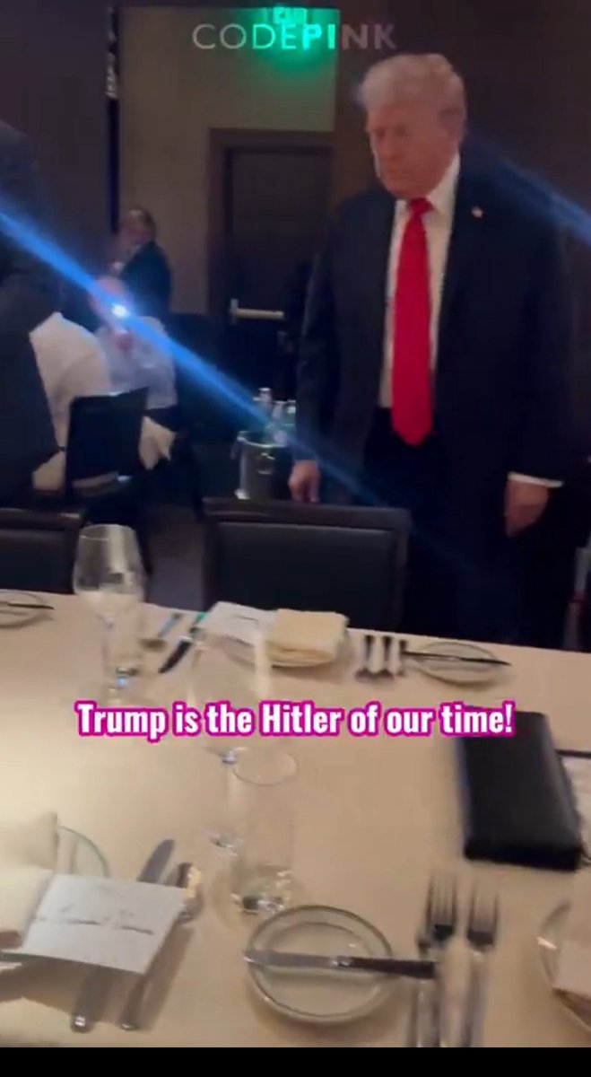 LauraLoomer's tweet photo. This is insane!

There were KNIVES and glass cups on the table at @joesstonecrab tonight where @POTUS was physically ambushed by a group of Pro-Palestinian lunatics! 

Those @codepink HAMAS lovers could have stabbed President Trump with a knife or broken glass! 

Notice how @SecretService barely did anything to stop them. 

Someone needs to be fired for this. 

This was a massive failure and dereliction of duty by Secret Service. 

Protect President Trump at all costs!