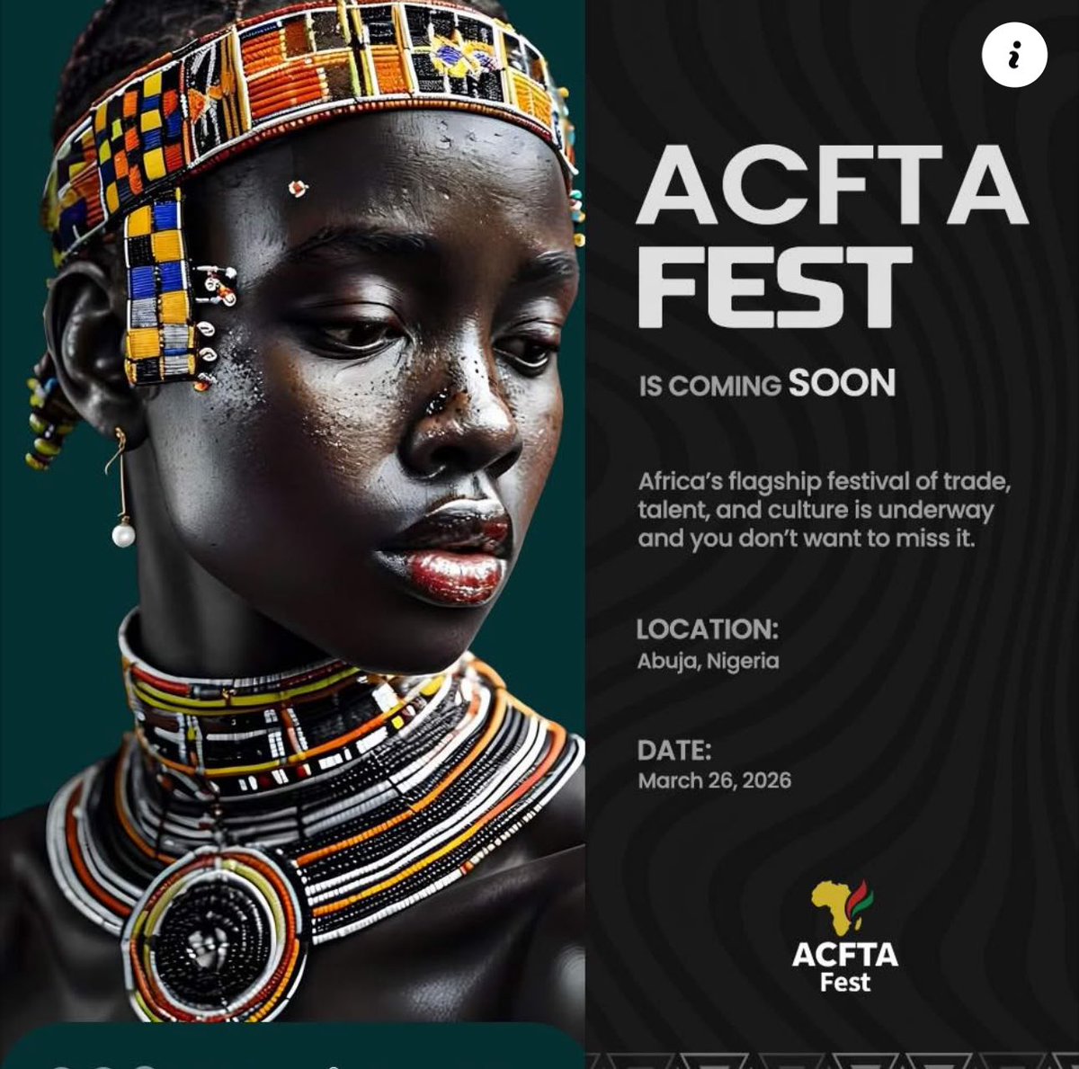 ACFTA Fest is Coming Soon! ✨🌍

Get ready, Africa! The countdown has begun, the continent’s flagship festival of trade, talent, and culture, taking place in the heart of Abuja, Nigeria. 

This is a gathering that brings Africa together! Africa’s 

acftafest.com