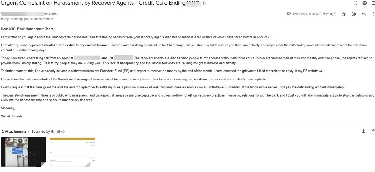 ManofShiva's tweet photo. @ICICIBank_Care Dear Team,
Thanks for concern. I already wrote to you to highlight this instead the response was "bold" reminder for the payment clearly ignoring harassment part I wrote.

Apologies for going public but I've no energy left to bear it more.

PS: Sending you unblurred details in dm https://t.co/om3aXYShaw