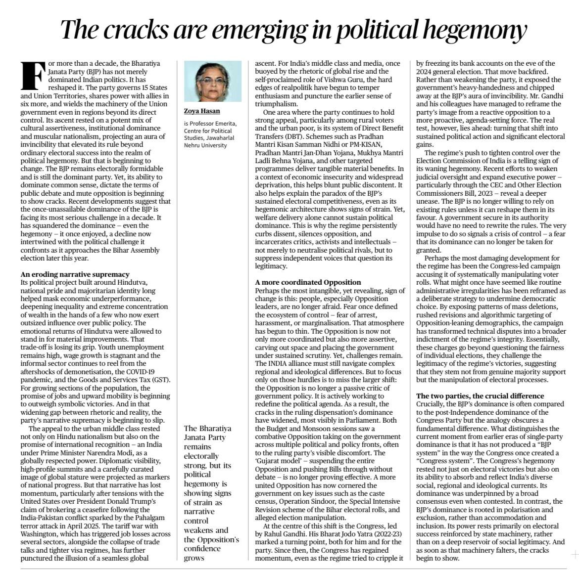 Prof Zoya Hasan: "The BJP is no longer willing to rely on existing rules unless it can reshape them in its favour. A government secure in its authority would have no need to rewrite the rules. The very impulse to do so signals a crisis of control..."