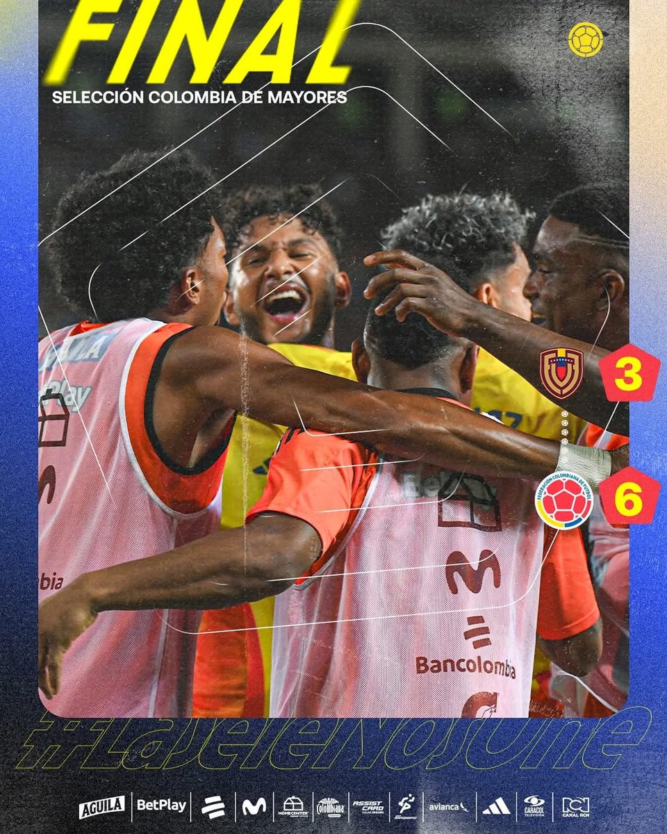 🏆 #EliminatoriasCONMEBOL

¡TERMINÓ EL PARTIDO! ¡APLASTANTE TRIUNFO TRICOLOR!

Venezuela 🇻🇪 3 🆚 Colombia 🇨🇴 6

⚽: Telasco Segovia
⚽: Josef Martínez
⚽: Salomón Rondón 

⚽: Yerri Mina
⚽⚽⚽⚽: Luis Javier Suárez 
⚽: Jhon Córdoba

#DeporteMeridiano
