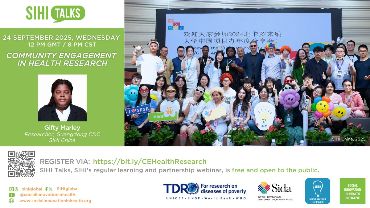 How can research &amp; innovation be more inclusive, reflective &amp; grounded in equity?

Join the next #SIHITalks with SIHI China <a href="/sesh_global/">SESH Global</a>  to explore new ways of working with communities for impact. 💡

🗓️ 24 Sept 2025
🕑 8 PM CST | 12 PM GMT
🔗 bit.ly/CEHealthResear…
