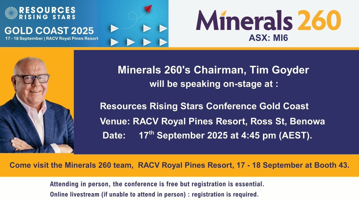 minerals260's tweet image. Join @minerals260 Chairman, Tim Goyder will be speaking on-stage at the RRS Gold Coast Conference held at the RACV Royal Pines Resort on 17th Sept. at 4:45pm AEST.  Register here (tinyurl.com/2zcx2nxc) to secure your attendance.  #Mi6 #Gold #RRSGoldCoast2025