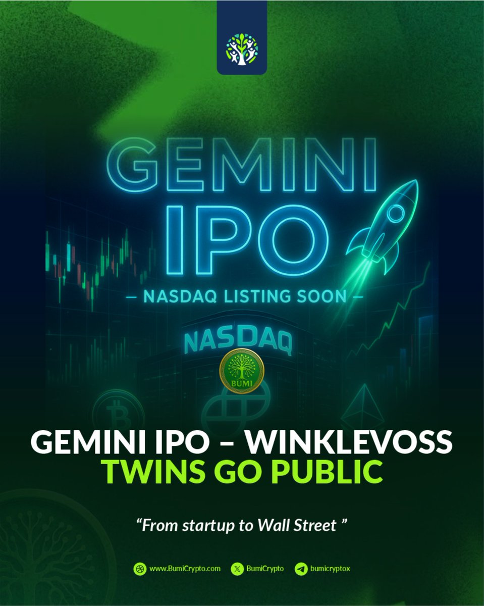 BumiCrypto's tweet photo. 🚀 Gemini siap IPO di Nasdaq!
Dari startup crypto menuju Wall Street, Winklevoss Twins resmi bawa Gemini ke publik.
🔥 Apakah langkah ini bakal jadi momentum baru untuk industri crypto global?

Stay tuned bareng BUMI Crypto.

#gemini #ipo #nasdaq #crypto #bumicrypto https://t.co/jDXTT91yz7