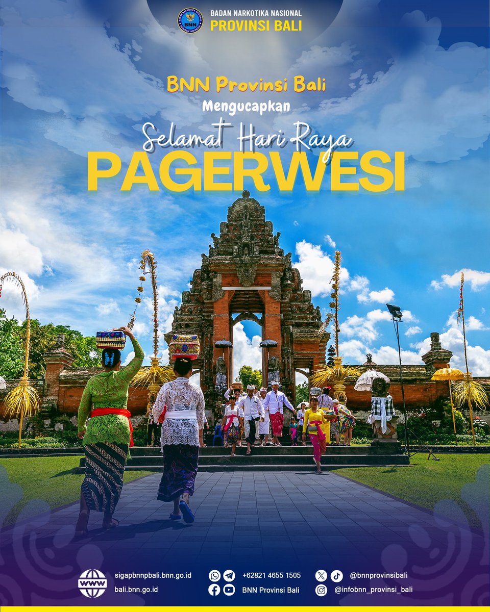 BNN Provinsi Bali mengucapkan Selamat Hari Raya Pagerwesi! Semoga kedamaian dan kerahayuan selalu menyertai kita semua.

#Pagerwesi
#BaliBersinar
#BersihNarkoba
#WarOnDrugsForHumanity