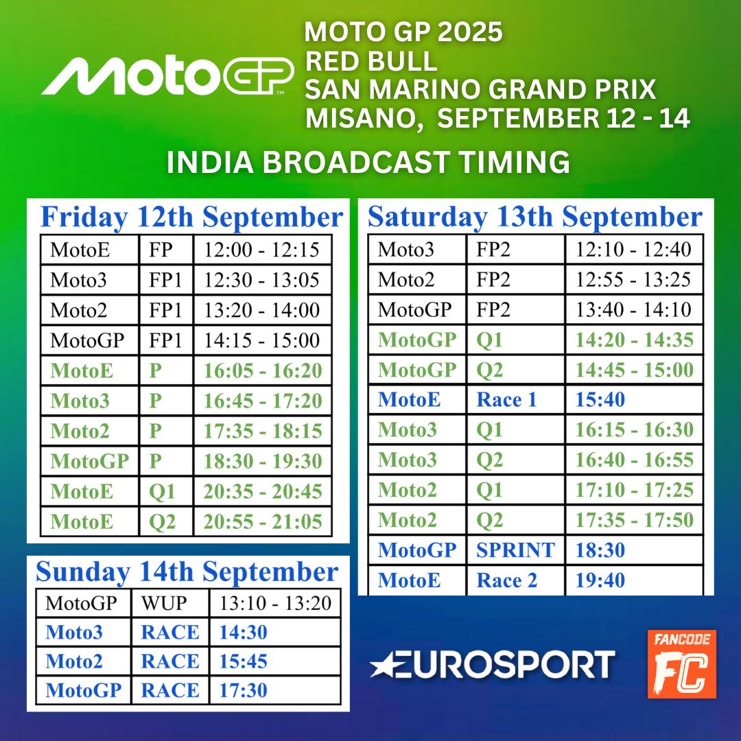 Here’s the <a href="/redbull/">Red Bull</a> #SanMarinoGP 🇸🇲 <a href="/MotoGP/">MotoGP™🏁</a> #IndiaMotoGPBroadcastSchedule 🇮🇳of this weekend, LIVE on <a href="/EurosportIN/">Eurosport India</a> &amp; #FanCode ! 💪

<a href="/ItalyinIndia/">Italy in India</a> <a href="/ItalyMFA/">Farnesina 🇮🇹</a> <a href="/Videluca59/">Vincenzo De Luca</a> <a href="/ItalyinMumbai/">Italy in Mumbai</a> <a href="/antoniobartoli/">antonio bartoli</a> 
<a href="/shongy1995/">Alessandro De Masi</a> <a href="/Italia/">Italia.it</a> #MotoGP #India <a href="/circuitomisano/">Misano World Circuit</a> <a href="/VisitSanMarino/">visitsanmarino</a>