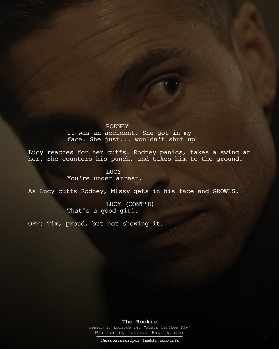 rookie_scripts's tweet image. Tim is proud of Lucy. (As Seen)

— THE ROOKIE
Season 1, Episode 14: “Plain Clothes Day”
Written by Terence Paul Winter

#TheRookie #TheRookieScripts