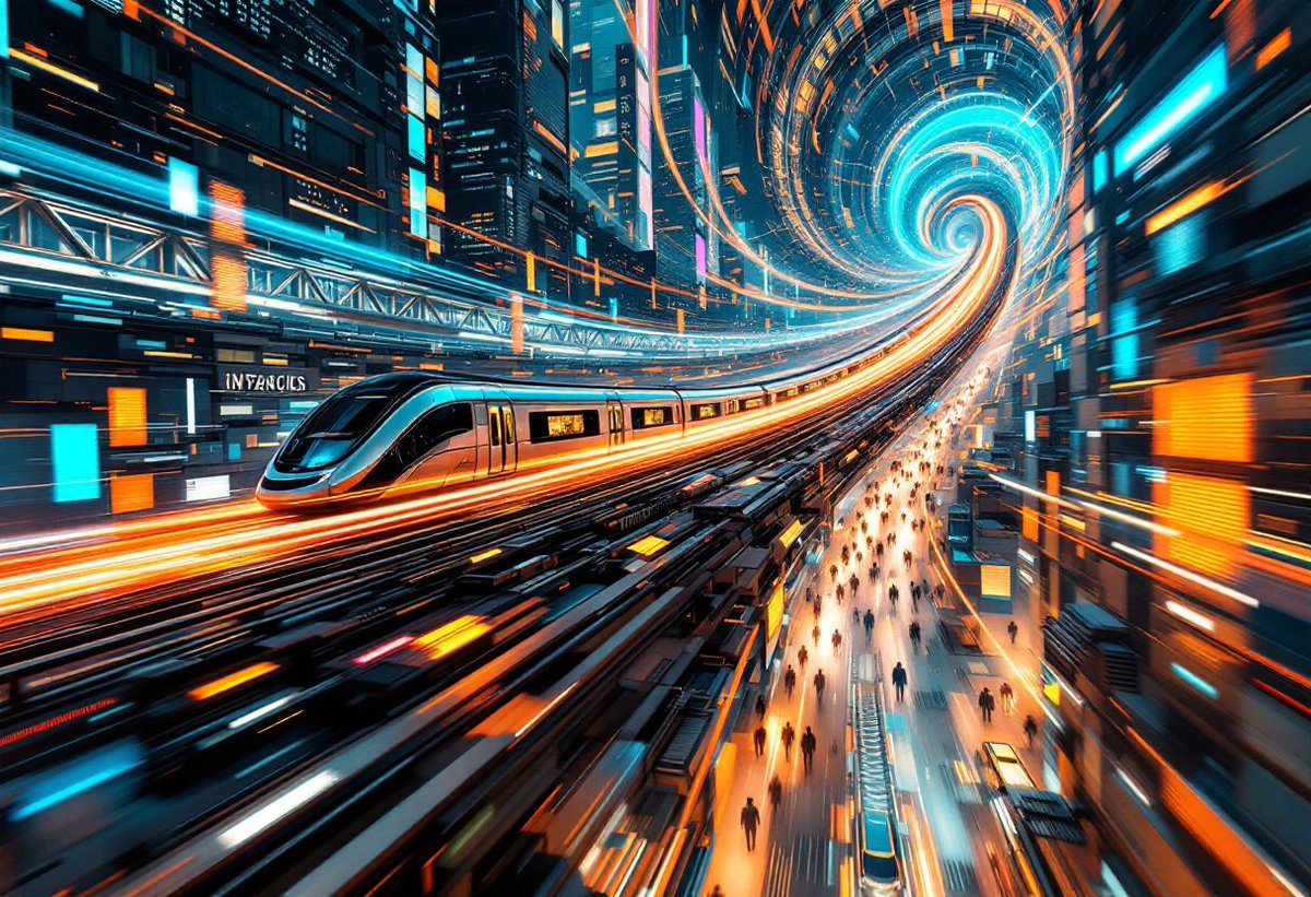 PromptSin's tweet image. Experience the future of transit! 🚄✨ Ride the high-speed train through a neon-lit cityscape. Book now! #SmartTransport #UrbanVibes