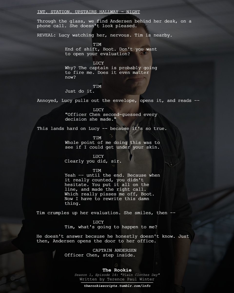 rookie_scripts's tweet image. Lucy opens up her evaluation. Tim tears it up. (As Seen)

— THE ROOKIE
Season 1, Episode 14: “Plain Clothes Day”
Written by Terence Paul Winter

#TheRookie #TheRookieScripts