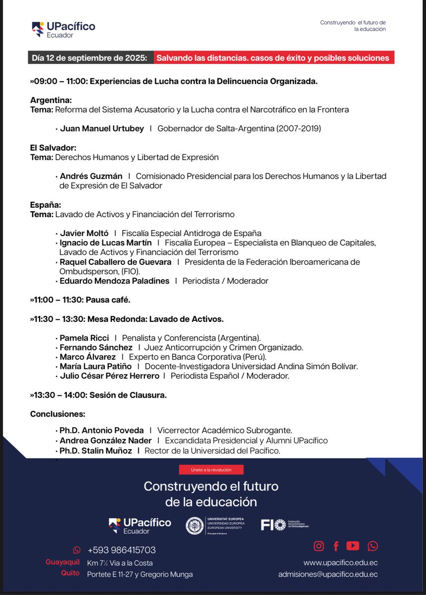 KathaHerreraA's tweet photo. Es un agrado anunciar que he sido invitada como ponente a las Jornadas Internacionales de Seguridad en Ecuador: Retos y Soluciones, organizadas por la @UPacifico_EC (Ecuador) junto a la Universidad Europea del Principado de Andorra y la European University.

Este encuentro académico - técnico internacional reunirá a referentes de Argentina, España, El Salvador, Perú y Ecuador, para analizar de manera estratégica temas críticos como delincuencia organizada, narcotráfico, lavado de activos, migración y seguridad ciudadana, abordando los desafíos y soluciones que demanda la región.

📍 Mi participación
Estaré en la Mesa Redonda “Seguridad Ciudadana y Reforma Policial”, junto a:
•Víctor Herrera – Inspector General de la Policía Nacional del Ecuador
•Steven Dudley – Codirector de InSight Crime

En mi intervención presentaré un análisis in situ de las realidades que sostienen los actuales niveles de inseguridad, desglosando los factores estructurales, operativos y geopolíticos que inciden en la violencia, y propondré acciones que el Estado y la sociedad pueden aplicar para recuperar el control territorial y fortalecer la seguridad y defensa nacional.

📅 Fechas: 11 y 12 de septiembre de 2025
📍 Lugar: Universidad del Pacífico – Guayaquil, Ecuador

🔗 ¡Inscríbete y acompáñanos!
Este es un espacio para escuchar, debatir y construir soluciones reales desde la academia, la investigación y la experiencia comparada internacional.

#Seguridad #Defensa #CrimenOrganizado #Geopolítica #EventoInternacional #Networking #Ecuador #SecurityStudies #InternationalSecurity #LiderazgoFemenino #PolíticaPública #CienciaPolítica #InteligenciaEstratégica