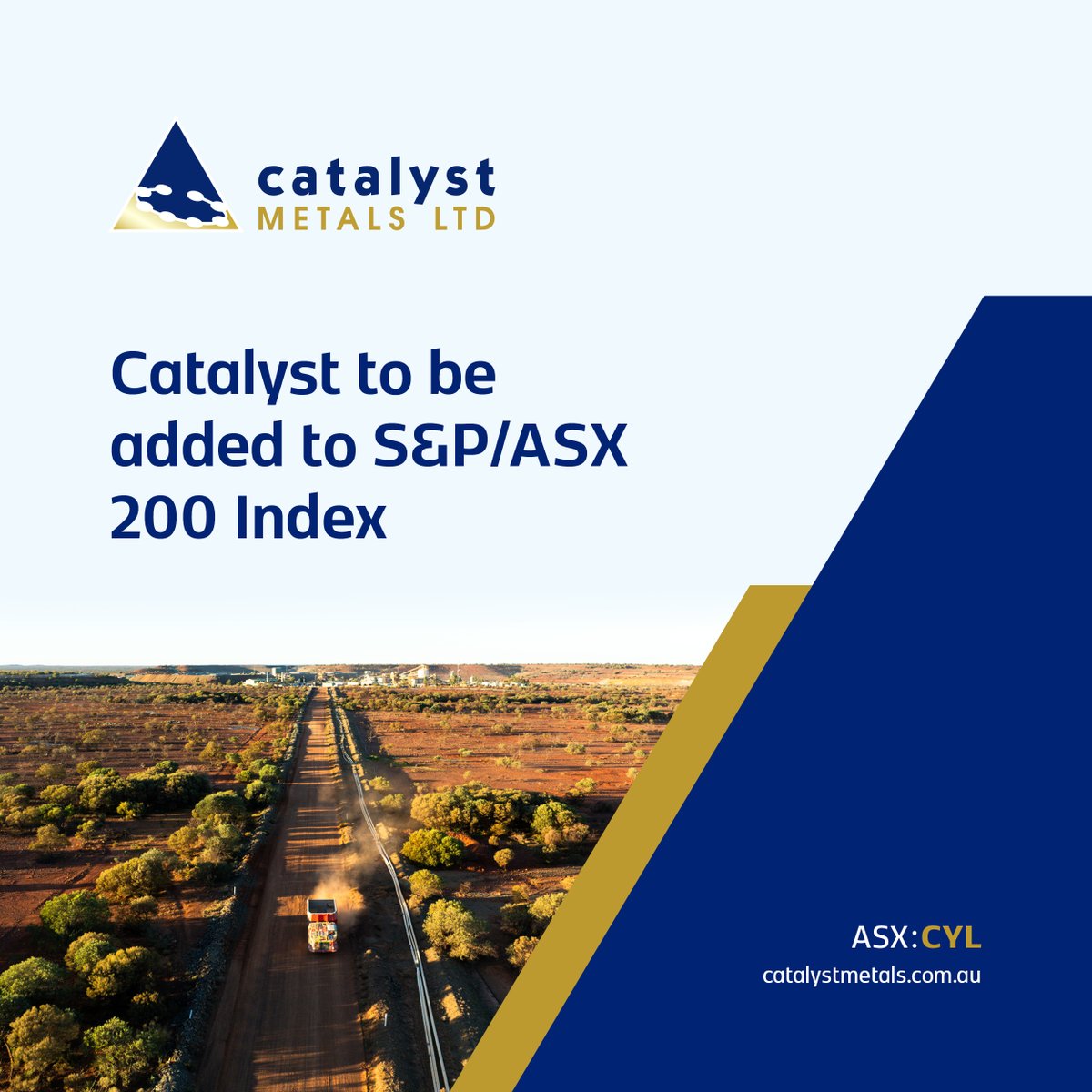 #ASXNews

$CYL.AX is pleased to announce that it will be added to the S&amp;P/ ASX 200 Index effective prior to the open of trading on Tuesday 16 September 2025.

Read the announcement: loom.ly/TbYoOC0

#CatalystMetals #CYL #ASX