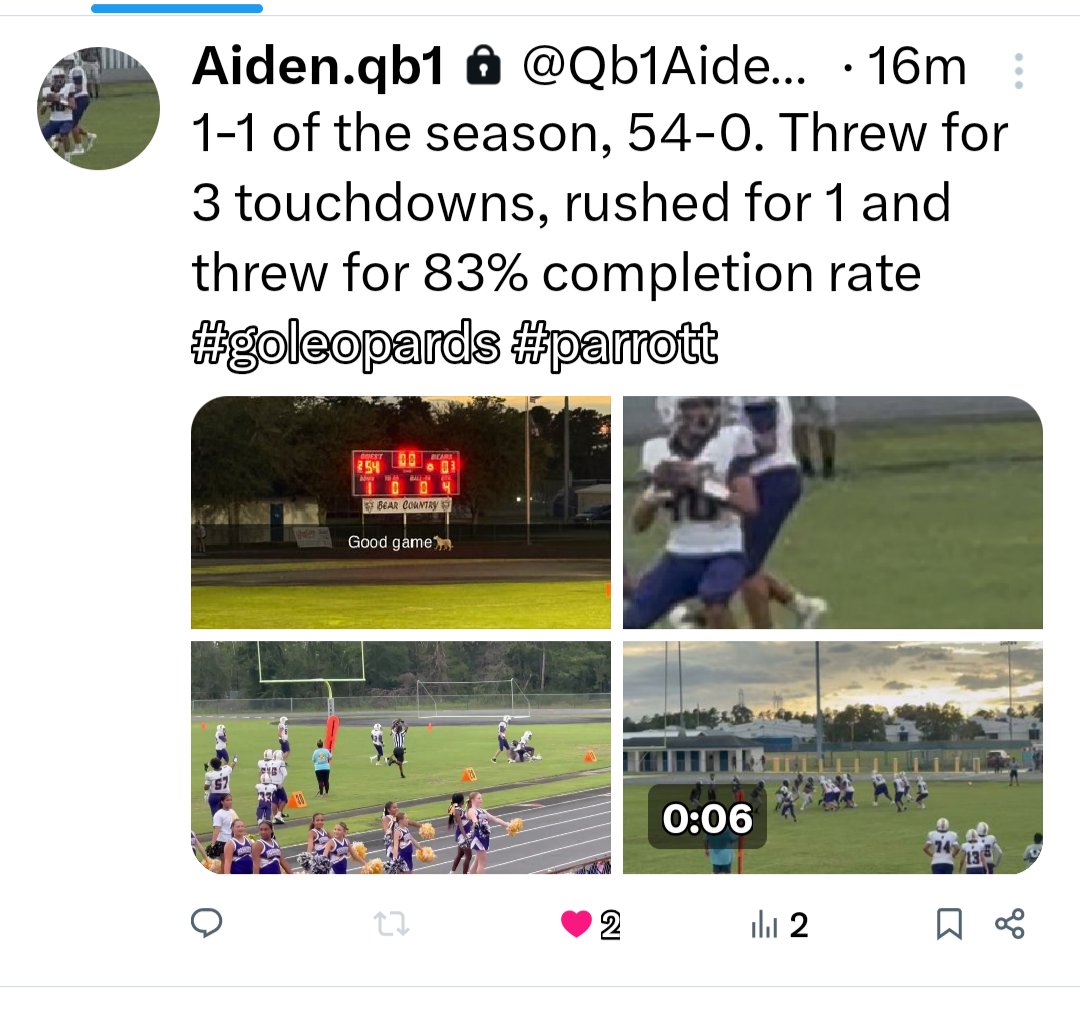 Look out for Hard workin' <a href="/Qb1Aiden10/">Aiden.qb1</a> at Parrott middle! Huge improvements made grinding this offseason, paying off on the field! 83% completion rate, 3 Touchdowns passing in a 54-0 victory!