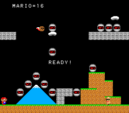 Upon starting the game, Mario is frozen for a brief moment. The game places the text "Ready!" on the screen, and Mario will be able to move upon its disappearance.