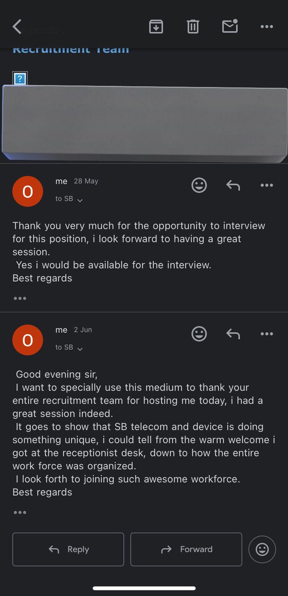 __Xquisite's tweet photo. I just randomly came across this mail…
I called my gf immediately i left their office out of excitement.. it was an interview that felt soo wholesome, very interactive. I enjoyed it like it was a show. I wish more recruiters could be so free like those i met at SBtelecom. https://t.co/MIgFJLOXuv