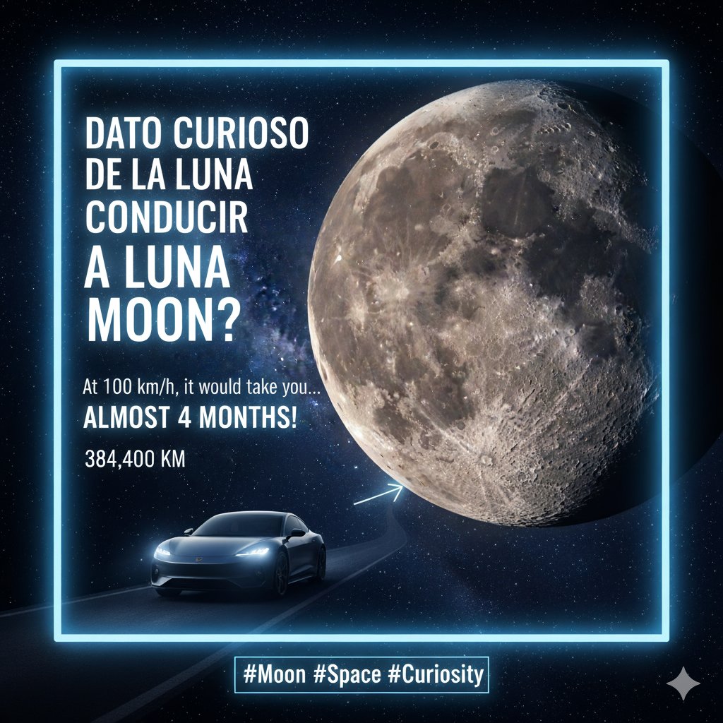 SneakyByte's tweet image. Sabías que... Si pudieras conducir un coche a 100 km/h hasta la Luna, ¡te tomaría casi 4 meses llegar! La distancia promedio es de 384,400 kilómetros. 🌕🚗💨#Luna #Espacio #DatosCuriosos