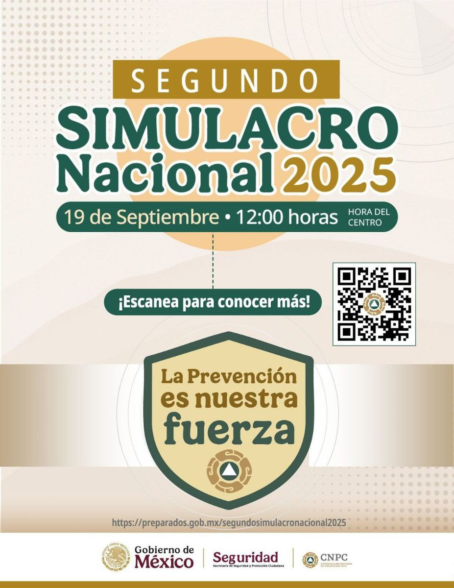 📅 19 de septiembre | 🕛 12:00 h
Unidos salvamos vidas. Súmate al Segundo Simulacro Nacional 2025.
Recordemos: prevenir es la mejor forma de protegernos. 🛡️
#SimulacroNacional
#ProtecciónCivilTlaxcala