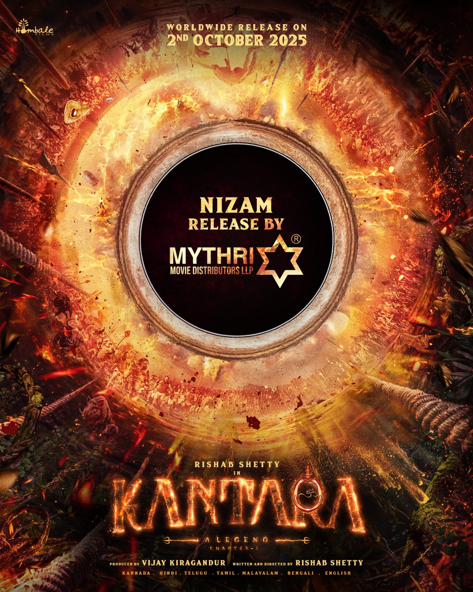 An epic origin forged in fire and faith 🔥

Experience #KantaraChapter1 in theatres across 𝐍𝐢𝐳𝐚𝐦 from 𝐎𝐂𝐓𝐎𝐁𝐄𝐑 𝟐𝐧𝐝, 𝟐𝟎𝟐𝟓.
Releasing by <a href="/MythriRelease/">Mythri Movie Distributors LLP</a>.

#Kantara <a href="/hombalefilms/">Hombale Films</a> <a href="/KantaraFilm/">Kantara - A Legend</a> <a href="/shetty_rishab/">Rishab Shetty</a> <a href="/VKiragandur/">Vijay Kiragandur</a> <a href="/ChaluveG/">Chaluve Gowda</a> <a href="/rukminitweets/">rukmini</a> <a href="/gulshandevaiah/">“SuperGullu”</a>