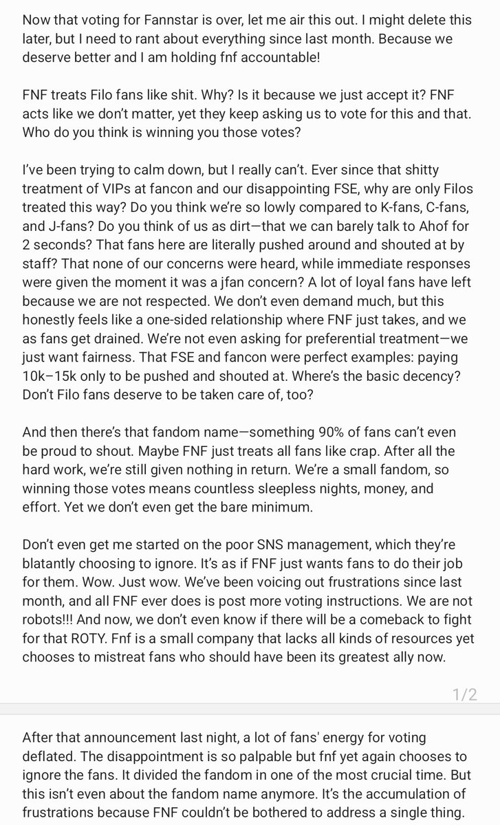 Now that voting for Fannstar is over, let me just air out my frustrations since last month. I dont even have much follower so this really will not go anywhere but i hope fans can rally to demand accountability from fnf because we deserve better!

<a href="/AHOF_official/">AHOF</a> <a href="/fnfent_official/">F&F Entertainment</a>