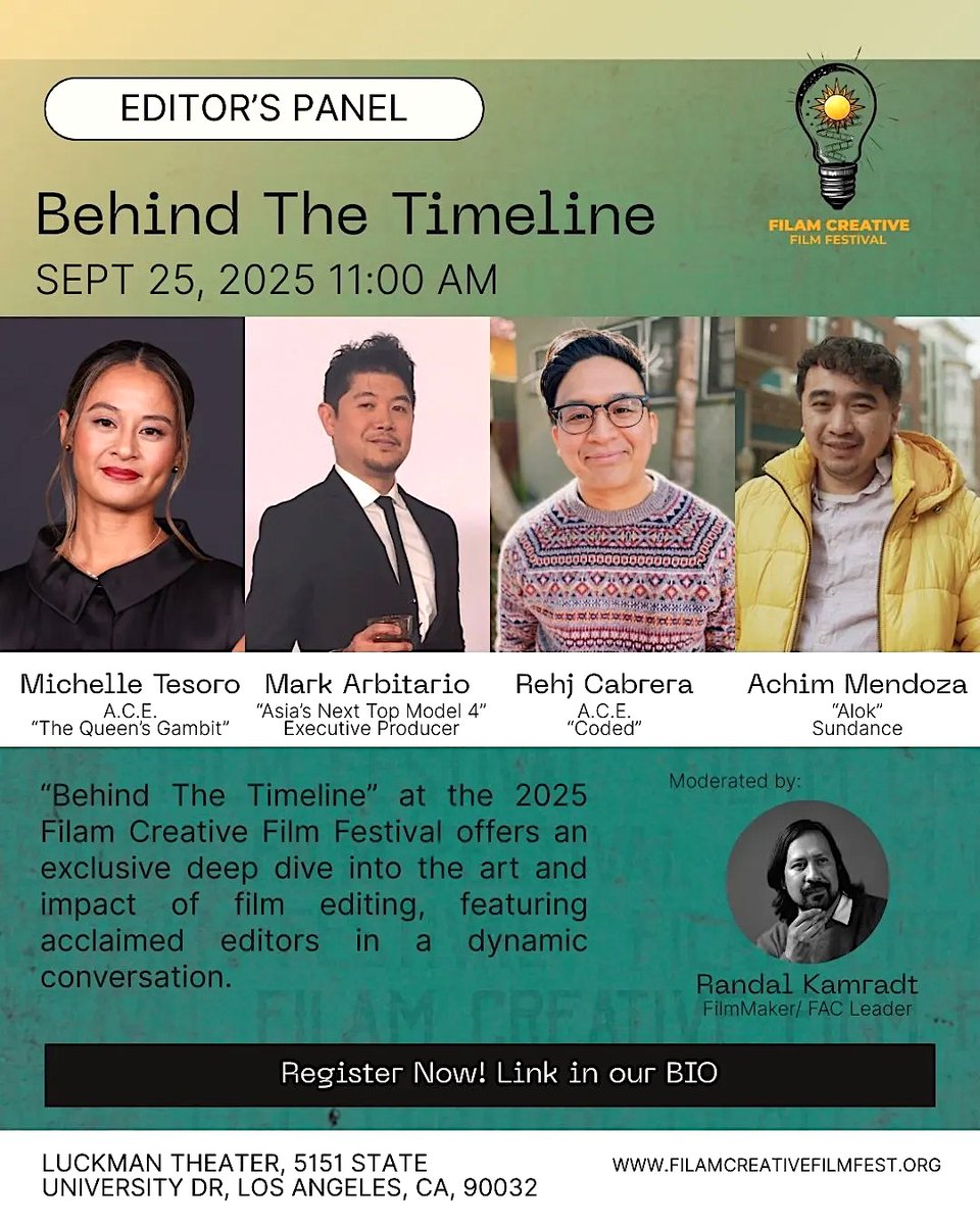 FilAmCreative's tweet image. BEHIND THE TIMELINE – Editor’s Panel at #FACFF 2025

The #FilAmCreative Film Festival 2025 presents "Behind The Timeline” ft: Achim Mendoza, @mtesorito (#TheQueensGambit), @rejhcabrera, and Mark Arbitrario.

Moderator: @monsterswithout

#Tickets: eventbrite.com/e/filam-creati… 

#FACFF