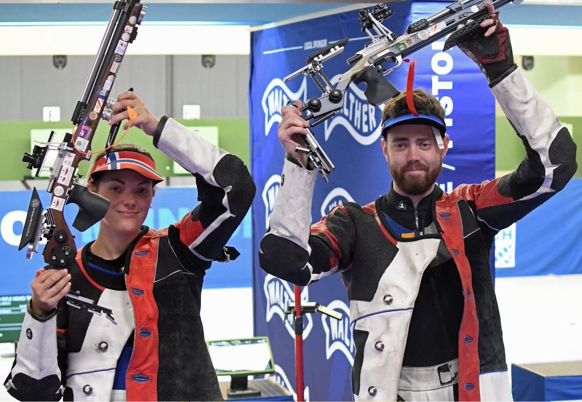 Jeanette Hegg Duestad and Jon-Hermann Hegg 🇳🇴 win Gold in 10m Air Rifle Mixed Team at the ISSF World Cup in Ningbo, China. #ISSF