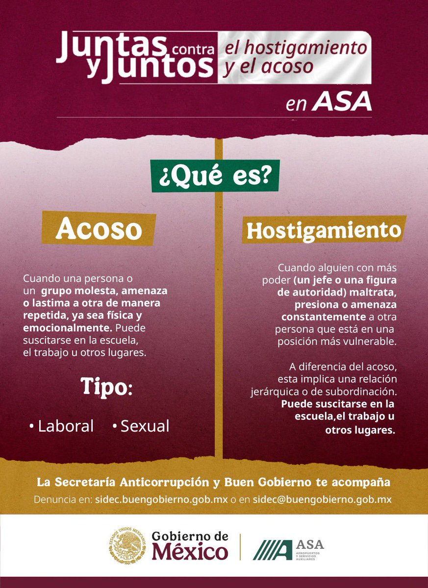 En #ASA el #acoso y el #hostigamiento sexual contra #mujeres y #hombres tienen sanciones administrativas, laborales y en casos graves, penales. La impunidad no es opción.