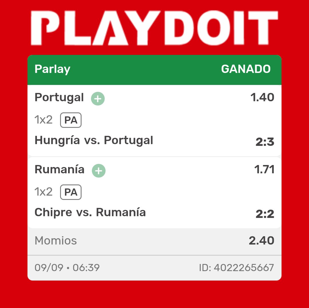 GolMex777's tweet image. ✅ Duopack Gratis 
👉 Portugal gana (1.40)
👉 Rumanía gana (1.71)
📈 Momio total: 2.40

Se compartió gratis en la mañana y lo ganamos 💰💵

#Duopack #Gratis #ApuestasDeportivas #Verde