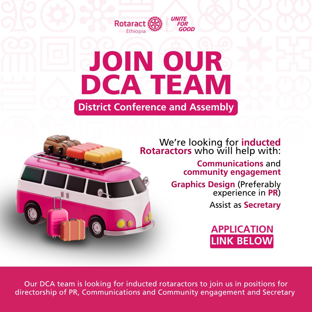 🌟 Join the DCA Team! 🌟

📅 Applications open until September 30
📝 Apply here: GOOGLE FORM  

Let’s make the final DCA of District 9212 one to remember — together. 💪🇪🇹

#JoinDCATeam #RotaractEthiopia #DCA2025 #LastOf9212 #MakeItHappenD9212 #UniteForGood