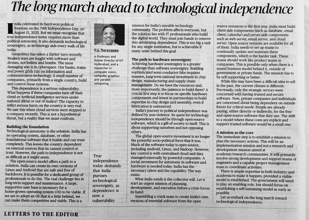 iiit_hyderabad's tweet image. Prof. @PJNarayanan highlights that India’s path to technological independence requires bold, sustained investment and visionary policymaking—only then can true self-reliance become more than a slogan.

thehindu.com/opinion/op-ed/…
 
#TechSovereignty #AtmanirbharBharat