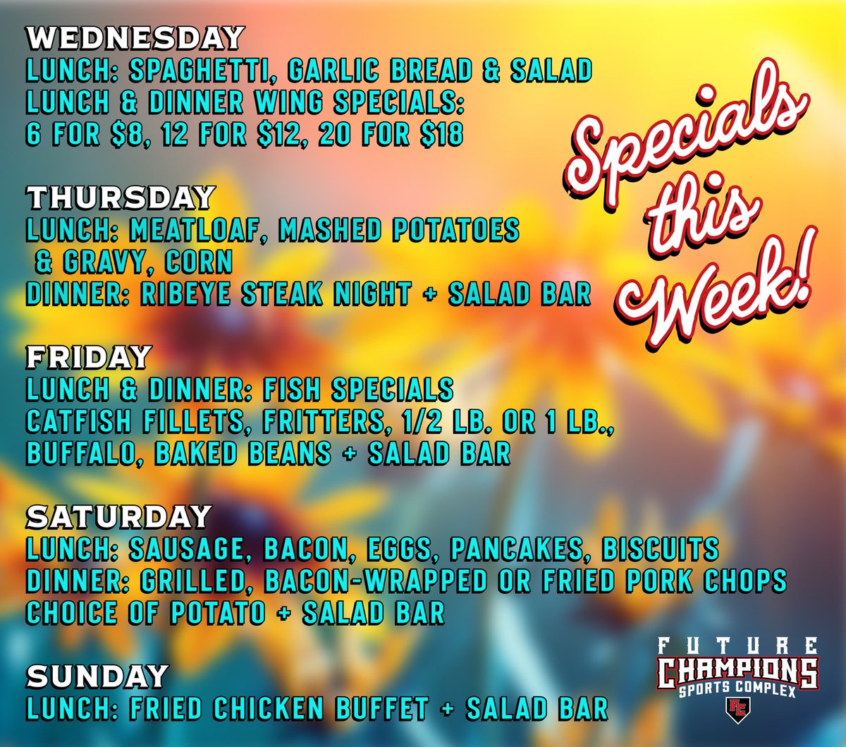 #FutureChampions #WeeklySpecials have dropped! Last week was remarkable and we are looking forward to another great week. Due to the amazing response, RSVP to 217-370-3469 if you have a large party or have a specific time you need to eat. 🍽️ #JacksonvilleIL #EatDrinkPlay