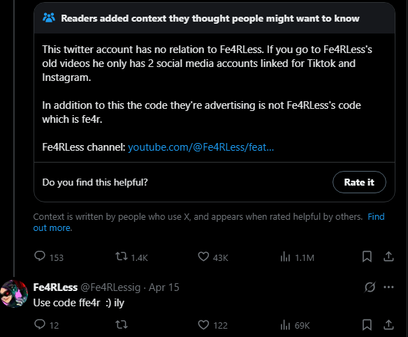 IPaccap's tweet photo. @Fe4RLessig literally a fake fearless account that's been called out before, posting sensitive stuff for likes to promote a fake creator code that steals money from the real fearless, very obvious engagement farm, stop defending this shit. https://t.co/MU0orBfWqS