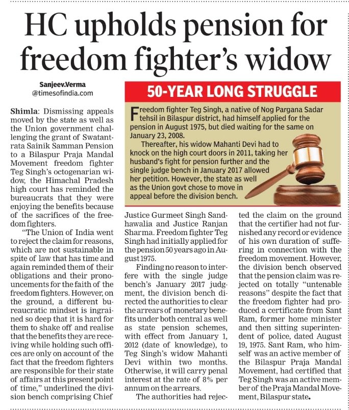 50 year long legal struggle for freedom fighter pension of an unsung warrior of India's freedom movement marred by bureaucratic red tape.
