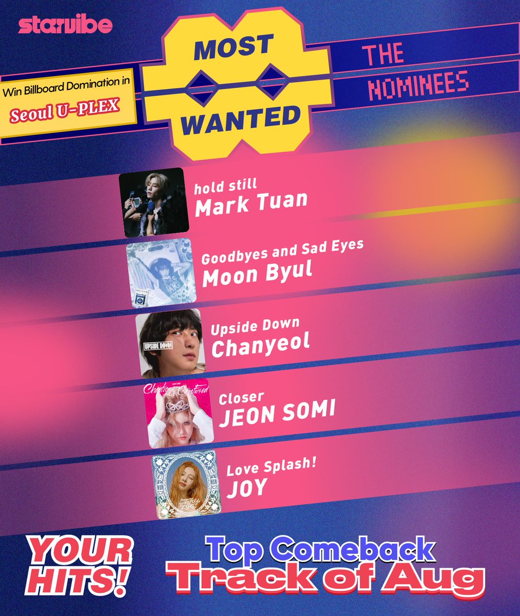 🔥 Top Comeback Track of Aug! 🔥
🎁 Prize: Seoul U-PLEX Billboard Domination
📍 (Outdoor + 21 Underground DID Screens) 💥
📅 Sept 10 – 11 (KST)
🔗 starvibe.fun/leader-board

Nominees:
#MarkTuan – hold still
#MoonByul – Goodbyes and Sad Eyes
#CHANYEOL – Upside Down
#JEONSOMI –