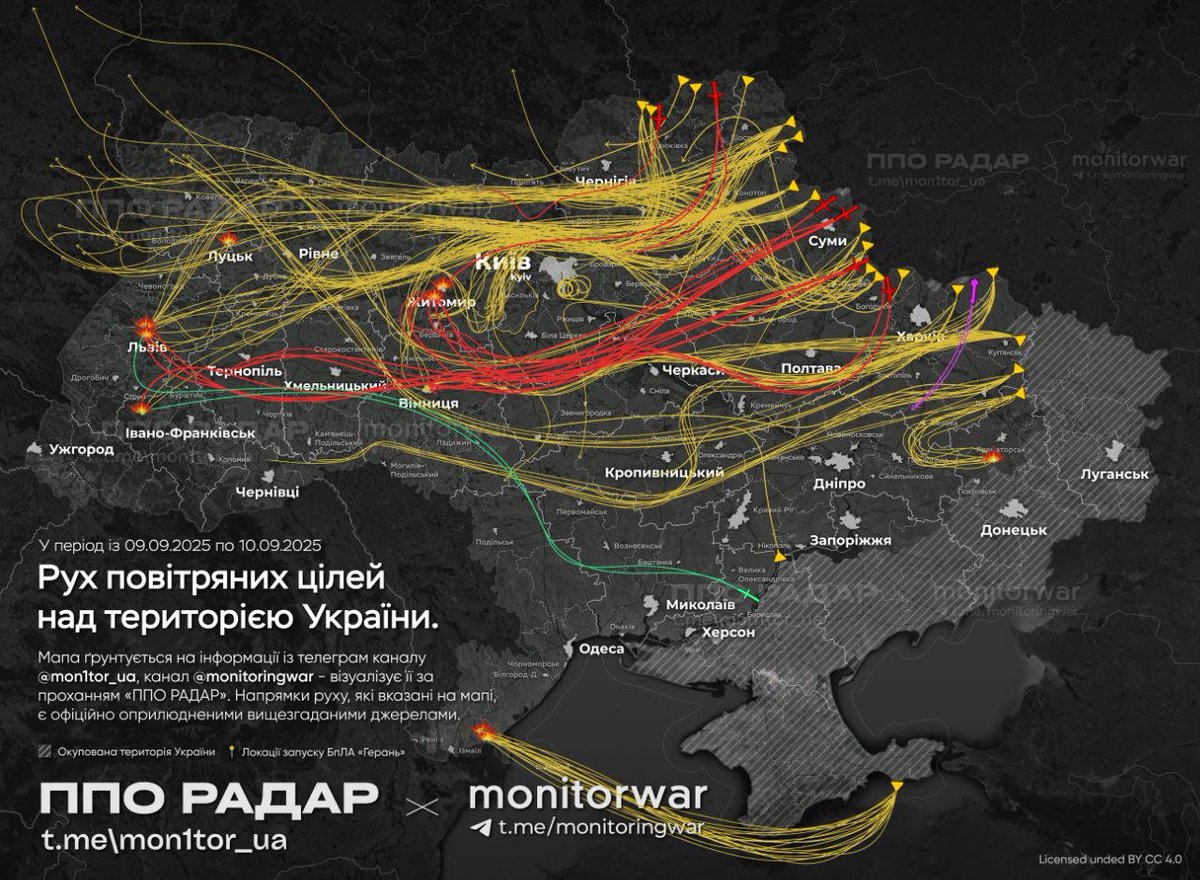 Osinttechnical's tweet photo. Russia's drone and missile attack on Ukraine and Poland tonight, from Ukrainian monitors. https://t.co/EwjapRBd8M
