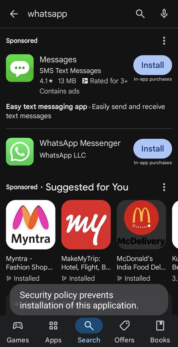 sbarkha's tweet photo. @SamsungIndia @WhatsApp @instagram
My WhatsApp and Instagram have disappeared frkm my phone overnight. Now when I am trying to download or enable it says security policy prevents installation this app... what does this mean? https://t.co/RW32ArN50b