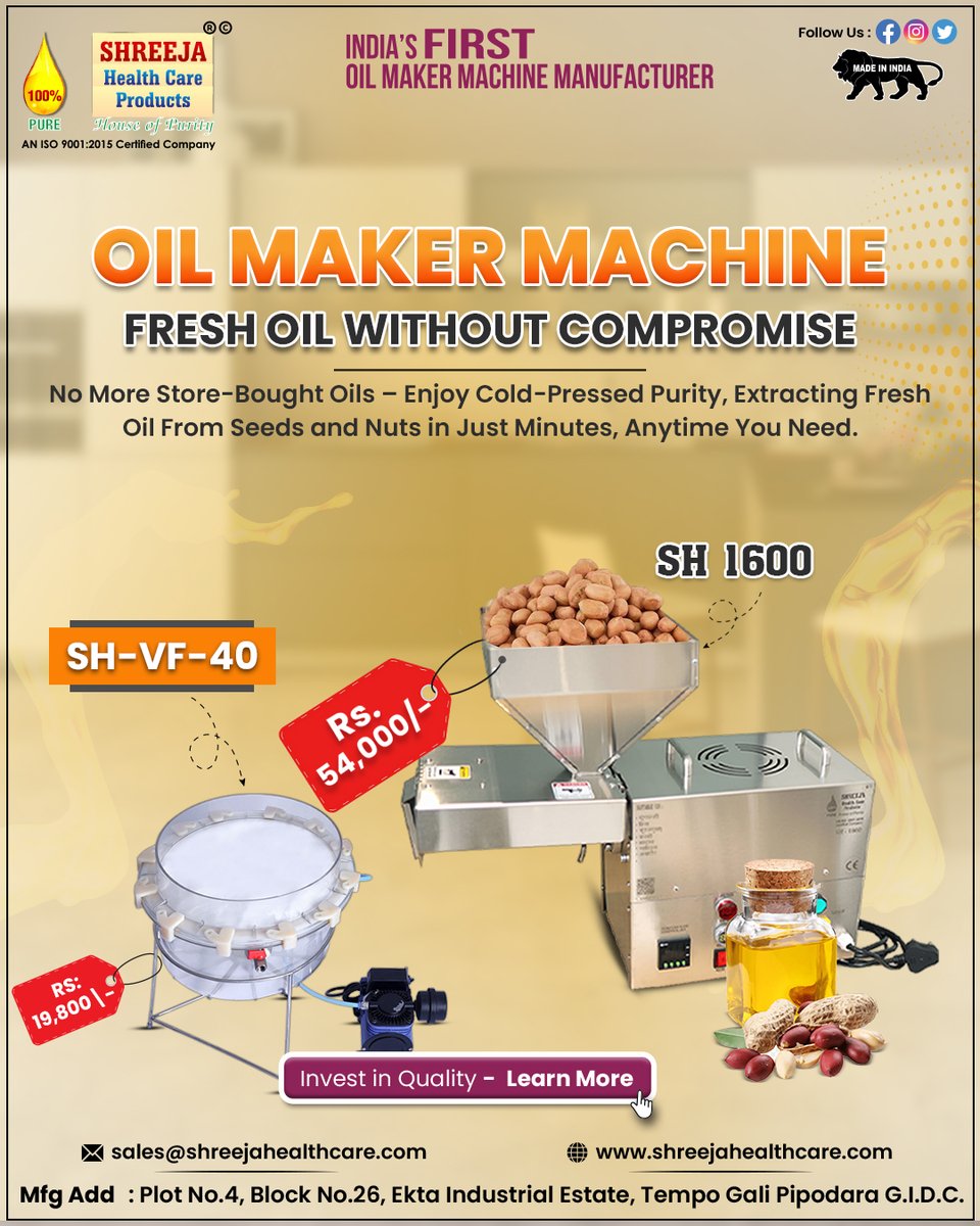 shreejahealth's tweet image. ✨ Oil Maker Machine – Fresh Oil Without Compromise ✨
🌟 Why Choose Us?
📞 Contact Us: sales@shreejahealthcare.com
 🌐 Website: shreejahealthcare.com
 🏭 Address: Plot No.4, Block No.26, Ekta Industrial Estate, Tempo Gali Pipodara G.I.D.C.
#oilmakermachine #coldpressedoil
