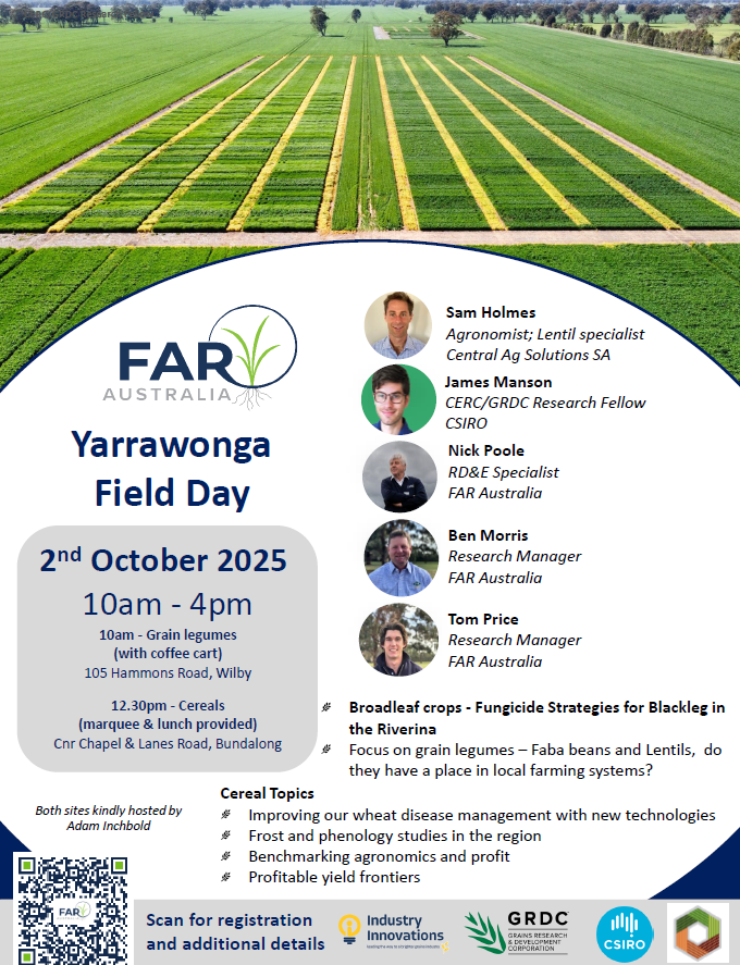 Join us for a day of insights, innovation, and connection.
Wrap up the week with a sundowner from 3:30PM onwards, following a day of cutting-edge agricultural research and industry updates.

Secure your spot today at this free insightful field day supported by the GRDC. Don't