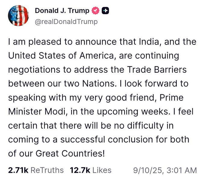 CryptoNewsHntrs's tweet image. 🚨BREAKING: 🚨

🇮🇳🇺🇸 TRUMP SAYS INDIA &amp;amp; US WILL CONTINUE TRADE NEGOTIATIONS; PM MODI CONFIDENT THE TALKS WILL UNLOCK THE INDIA-US PARTNERSHIP.

#IndiaUS #TradeTalks #ModiTrump #IndiaUSPartnership #GlobalTrade #Diplomacy