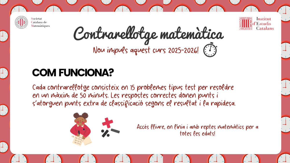 soccatmat's tweet image. 🚨 NOVETAT! Aquest curs tornen les Contrarellotges Matemàtiques ⏱️

Un repte ràpid i intens: 15 problemes tipus test en 50 minuts!

#Matemàtiques #Concurs #Contrarellotge