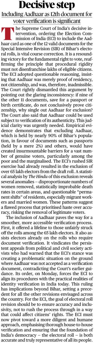 Read this editorial in The Hindu commending the decisive intervention by the Supreme Court of India, which ordered the Election Commission of India to include Aadhaar as one of 12 documents for voter identification. A decisive blow against attempts to exclude and disenfranchise