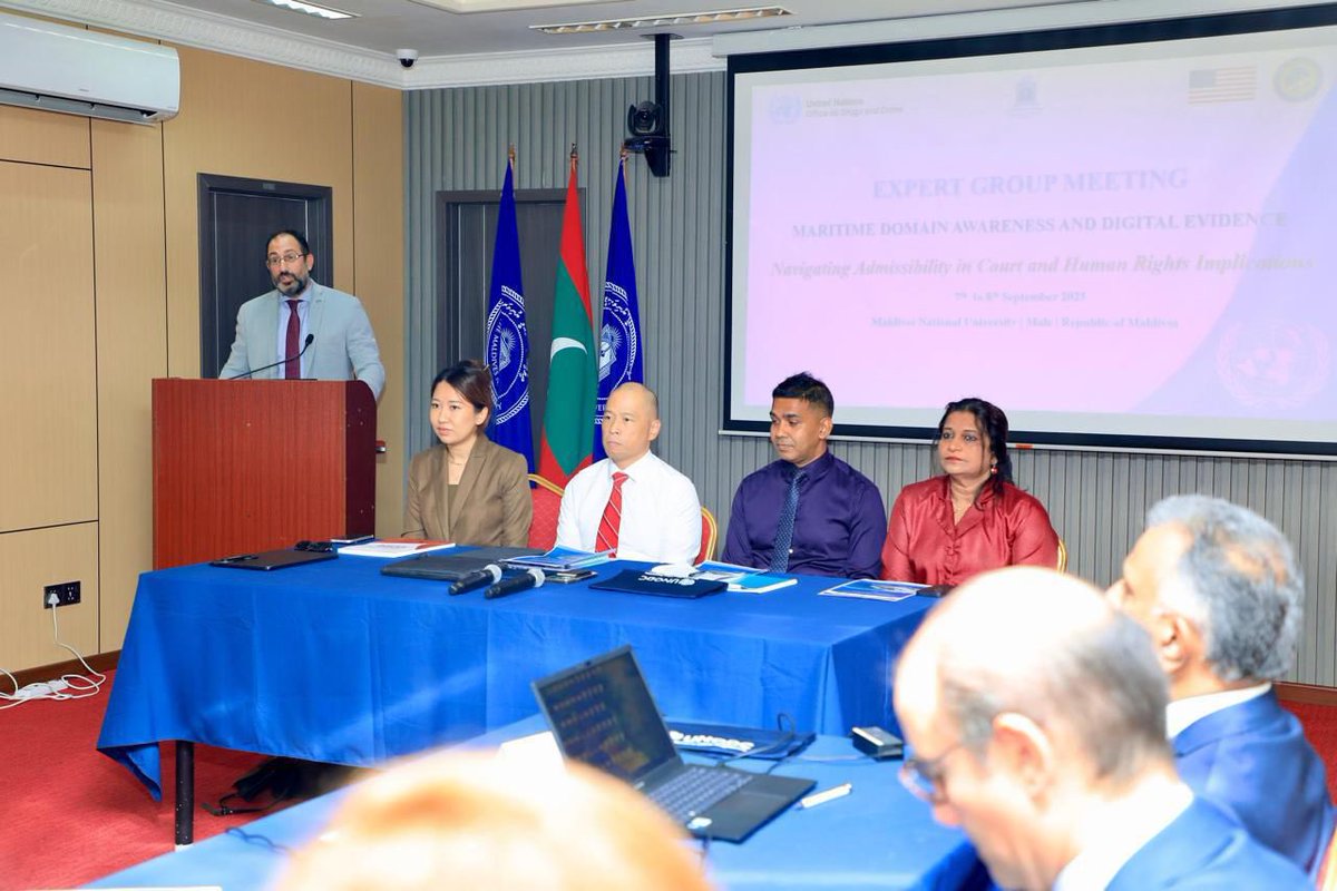 UNODC_BMB's tweet photo. Supported by @StateINL 🇺🇸, @UNODC_MCP concluded an Expert Group Meeting in #Maldives🇲🇻. 2⃣6⃣ experts discussed MDA-derived digital evidence for court use, tackling admissibility, authenticity, #HumanRights &amp; more, to aid practitioners in fighting maritime crime. 🌊 https://t.co/RdLfsSoPml