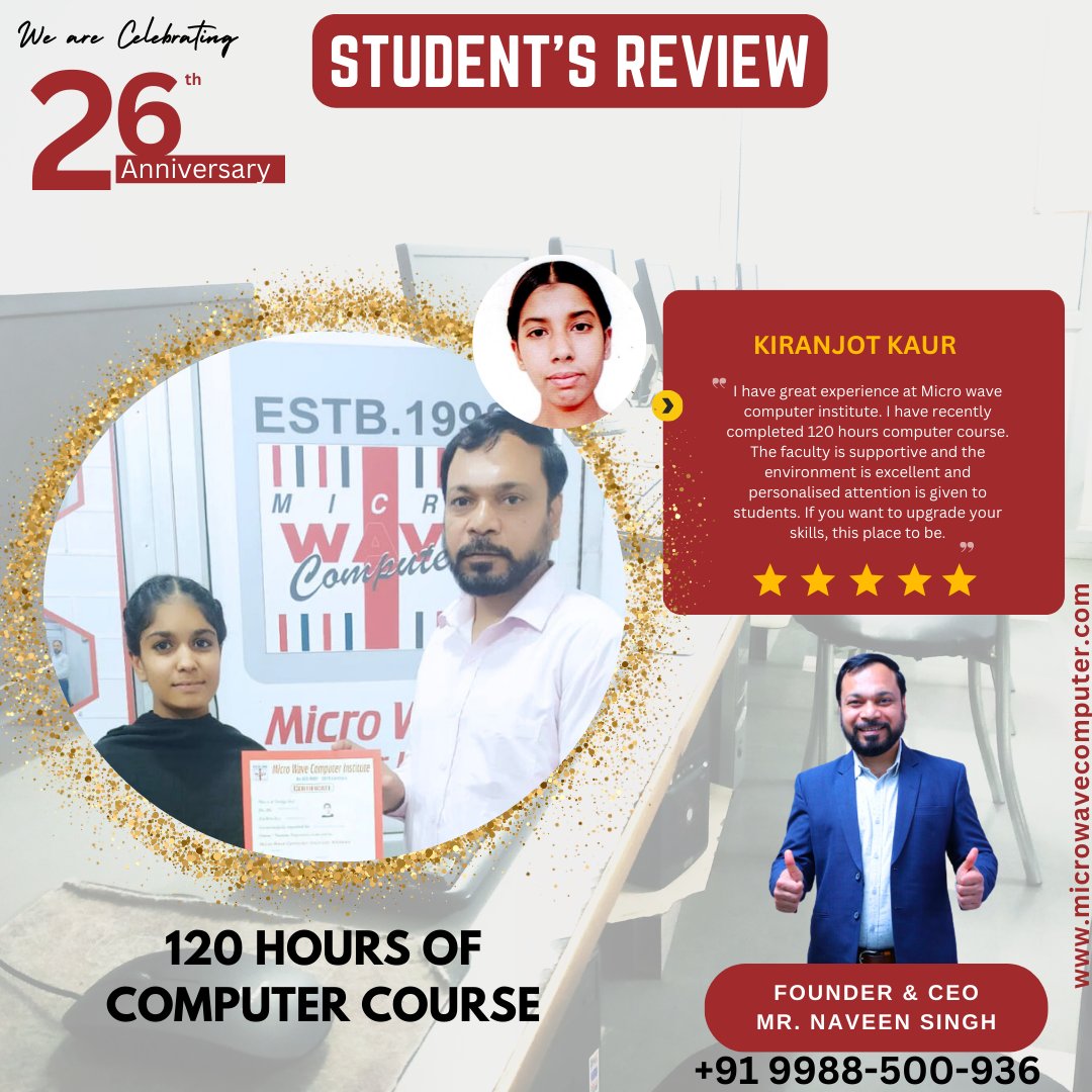 mwc_98's tweet image. 🎊Congratulations, Kiranjot Kaur! 👏
 💡Completing your 120-hour computer course demonstrates your dedication and passion for learning.
 🌟The doors of digital success are now wide open for you! 🚀

#learncomputerskills #120hourscompleted #success #microwavecomputer #khanna