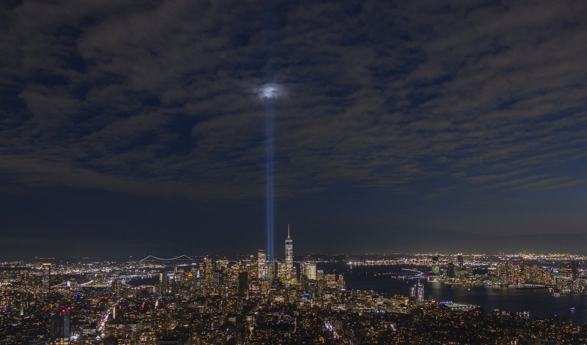 The Tribute in Light is illuminated above lower Manhattan and One World Trade Center in New York City seen from the Empire State Building, Tuesday evening #newyorkcity #nyc #tributeinlight @empirestatebldg