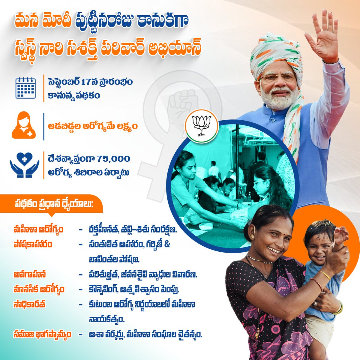 BJP4Telangana's tweet image. మహిళల ఆరోగ్యం బాగుంటే కుటుంబం బాగుంటుందనే గొప్ప ఆలోచనతో మన మోదీ ప్రారంభించనున్న కొత్త పథకం &apos;స్వస్థ్ నారి సశక్త్ పరివార్ అభియాన్&apos;

#ManaModi