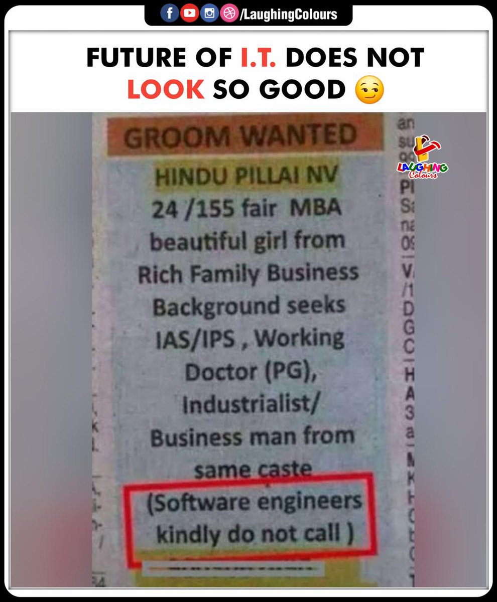 LaughingColours's tweet image. Software engineers excluded 😅
#ITHumor #SoftwareEngineers #MarriageAds #FunnyPost #TechLife #Meme