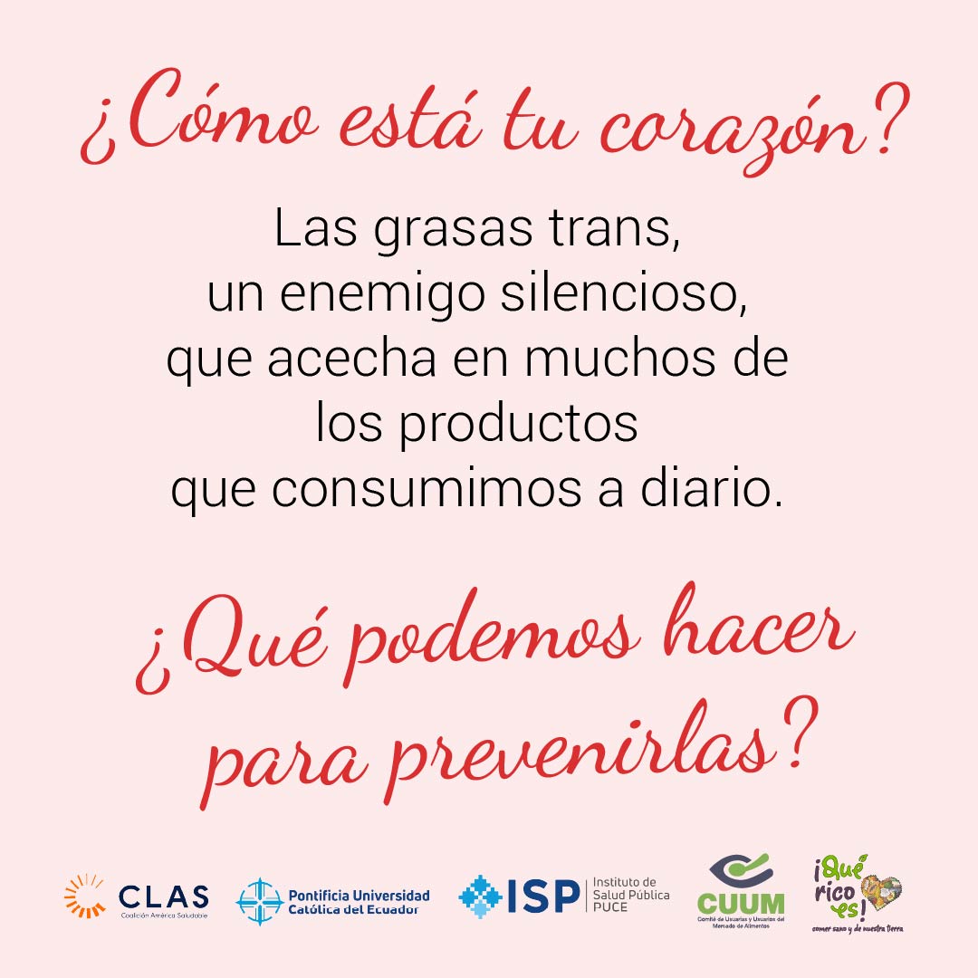 🫀 Corazones libres de grasas trans
Entornos Alimentarios Saludables
🤝 Dr. José Ocaña del grupo de investigación Salud y Vida de la PUCE 
⏰ Miércoles 10 SEP,16h00
quericoes.org
<a href="/cardiologiaec/">Sociedad Ecuatoriana de Cardiología N Pichincha</a> 
<a href="/JosAndrsOcaaNa1/">José Andrés Ocaña Navas</a> <a href="/PrisSchettini/">Priscila Schettini</a>