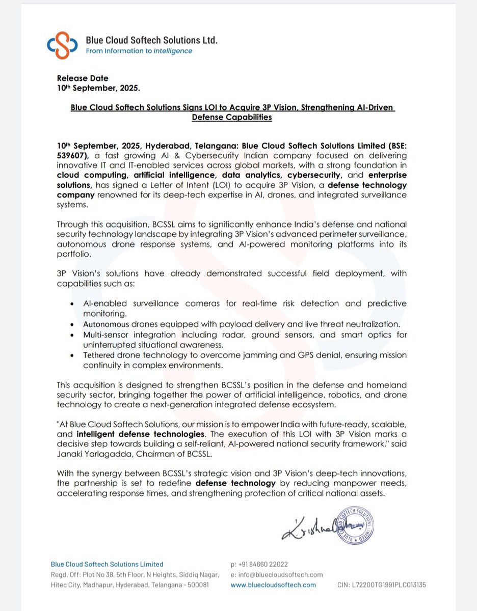 subrata_minu's tweet image. Blue Cloud Softech 

Signed LOI to acquire 3P Vision, integrating AI, drones, surveillance; dated 10 Sep 2025.

#BlueCloudSoftech #Investor #niftycrash #OptionsTreding #Investing #BREAKING #Nifty  #StockMarketUpdate