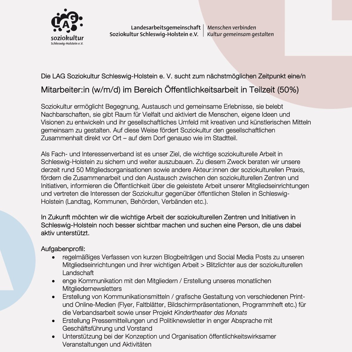 📣 LAG #Soziokultur Schleswig-Holstein e. V. sucht Mitarbeiter:in (w/m/d) im Bereich #Öffentlichkeitsarbeit in Teilzeit (50%) | #Kiel

📅 Frist: 28. September 2025

➡️kultweet.de/jobs/LAG_Sozio…

#Job #Stellenausschreibung #Kiel #Kulturjobs #Medien #Kulturmanagement #Journalismus
