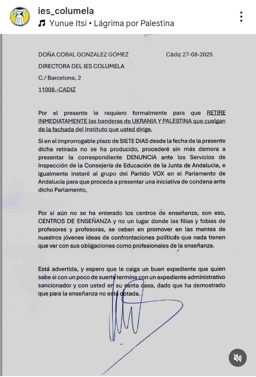 ATENCIÓN❗️Amenazan por carta al IES Columela de Cádiz por posicionarse con Palestina y el autor avisa de que lo comunicará a VOX.

Al día siguiente, <a href="/EducaAnd/">Consejería Desarrollo Educativo y FP</a> obliga formalmente al IES a quitar la bandera de Palestina. 

¿Quién manda en la Junta? Vox señala, la Junta actúa.