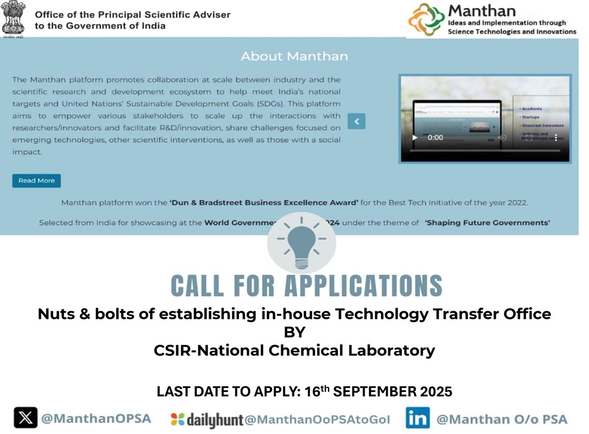 ManthanOPSA's tweet image. 💡 Workshop: Nuts &amp;amp; Bolts of Setting up an In-House TTO
Learn from @csir_ncl expertise in:
🔑 #IPprotection
🔑 Structuring &amp;amp; running TTOs
🔑 #Policies, #licensing &amp;amp; commercialization
🔑 #Bestpractices &amp;amp; real-world cases
📅 Apply by Sept 16
🔗 lnkd.in/gGNcUSVH
#TechTransfer